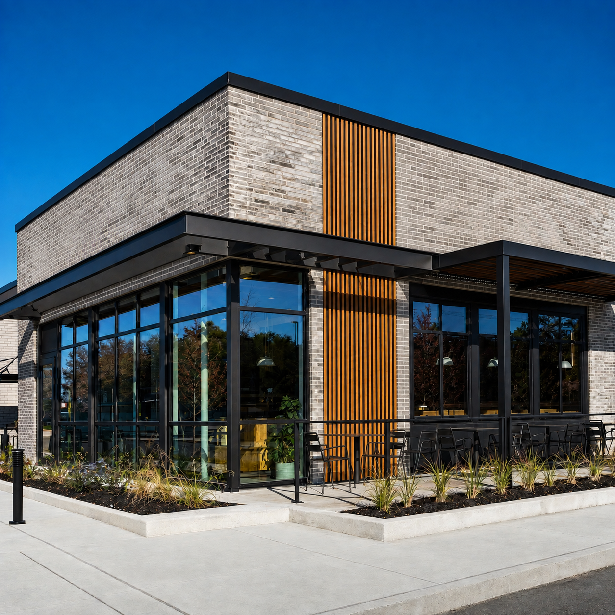 Restaurant building exterior with brick and wood accents, a restaurant construction project by ESK Construction Inc. in Southern California