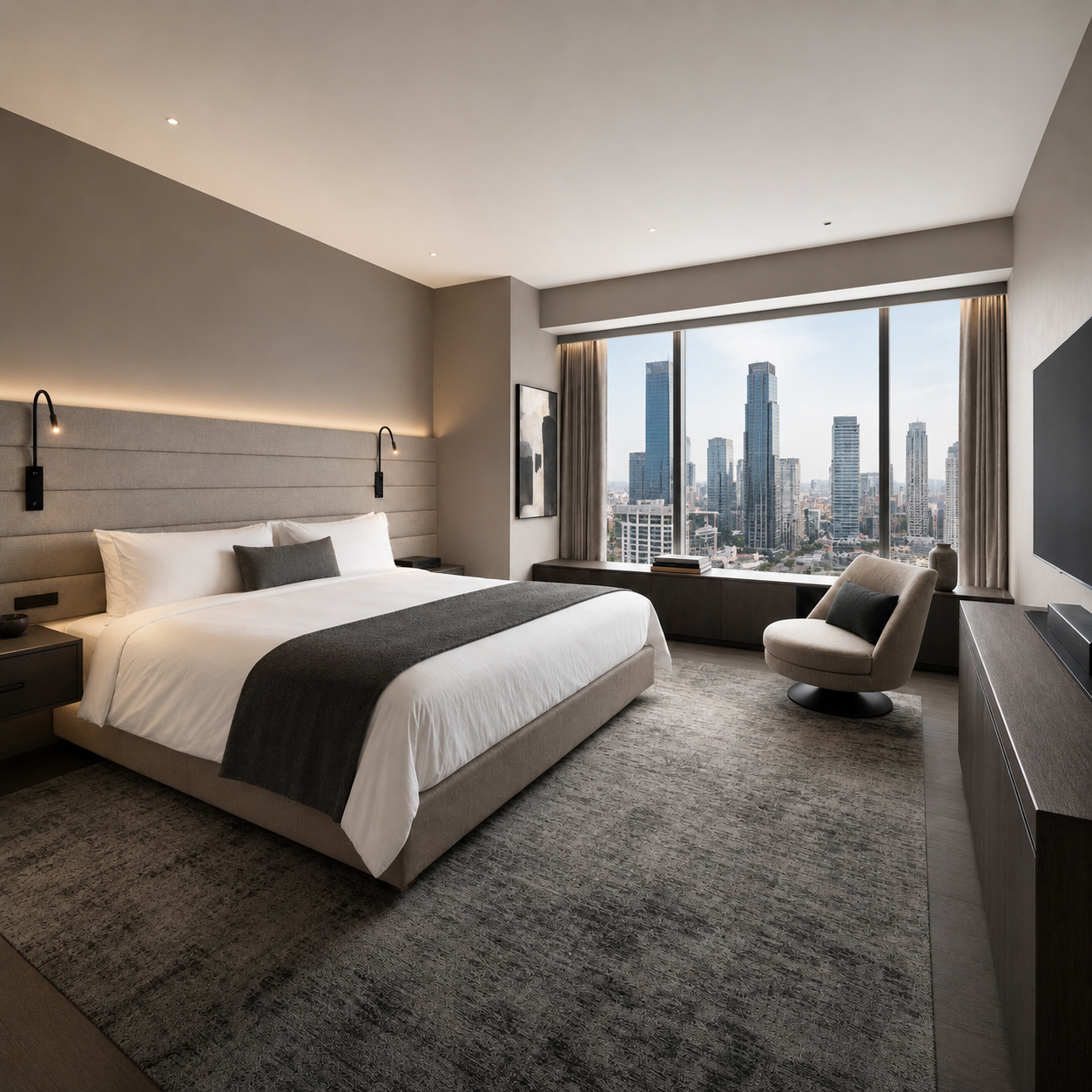 Hotel guest room with downtown Los Angeles skyline views, a hospitality construction project completed by ESK Construction Inc.