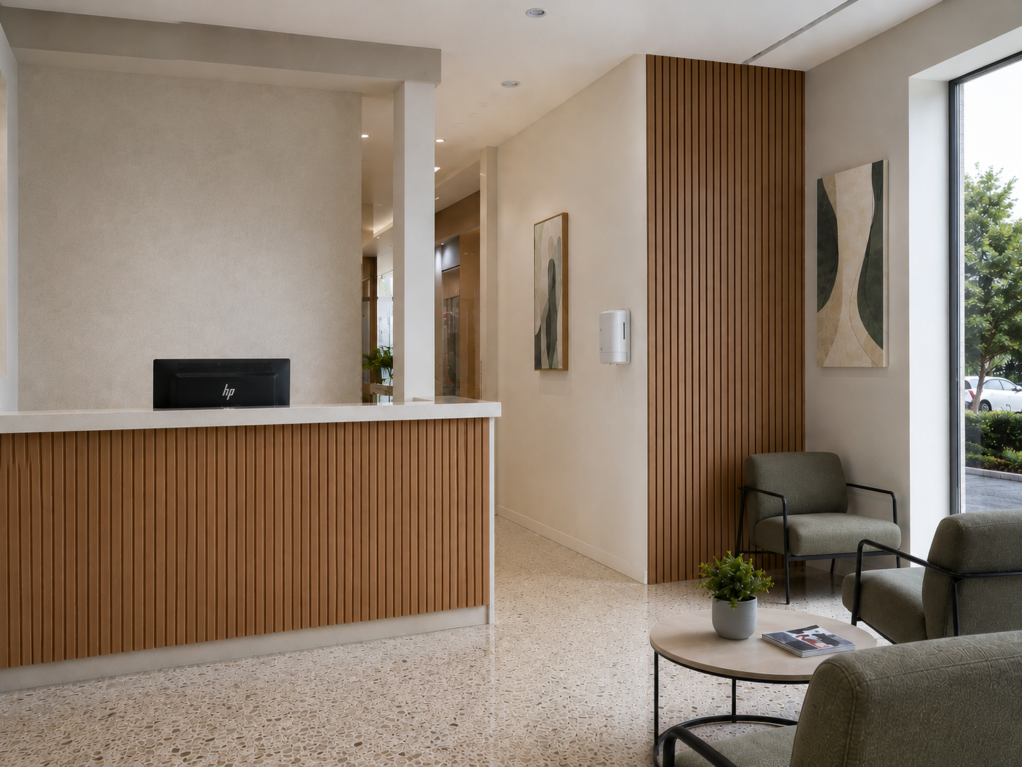 Medical office reception and lobby with wood accent walls, a healthcare construction project by ESK Construction Inc.