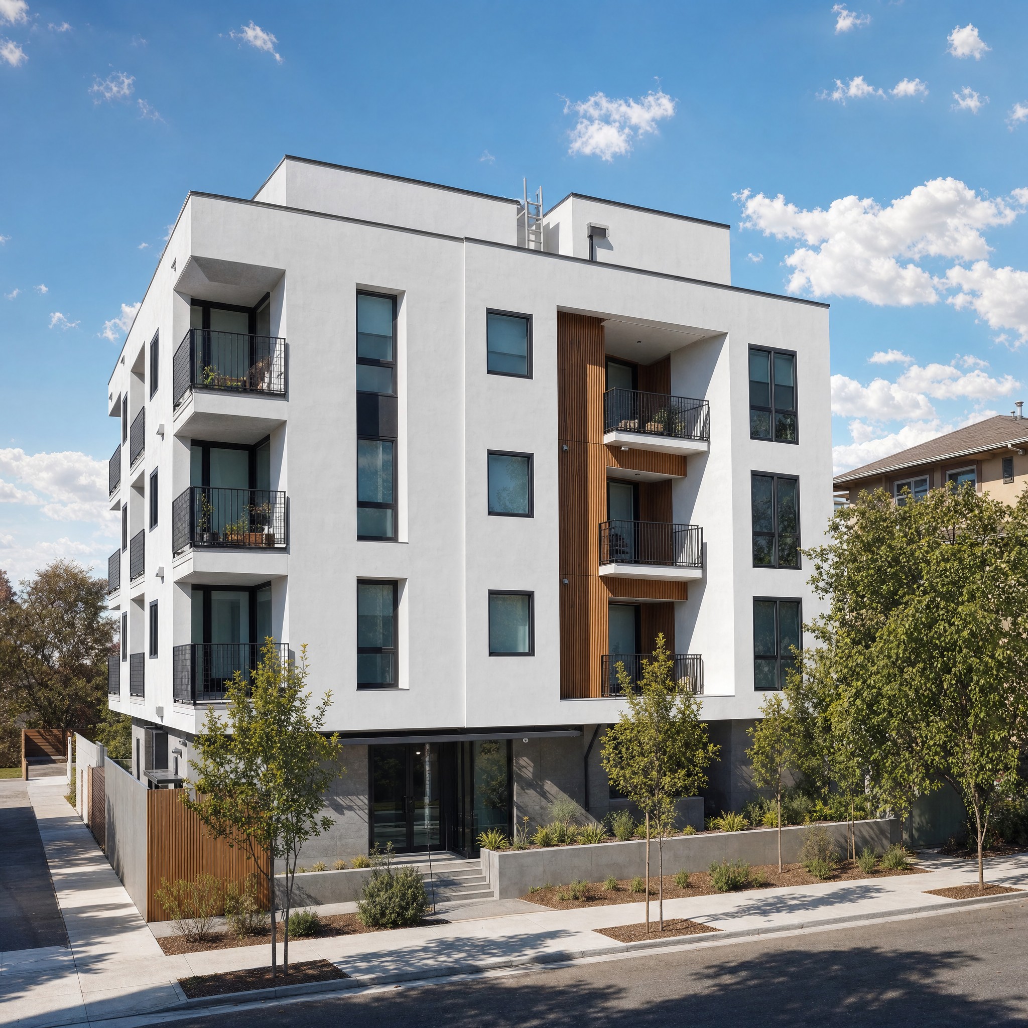 Multifamily apartment building exterior with balconies, a multifamily construction project by ESK Construction Inc. in Los Angeles County