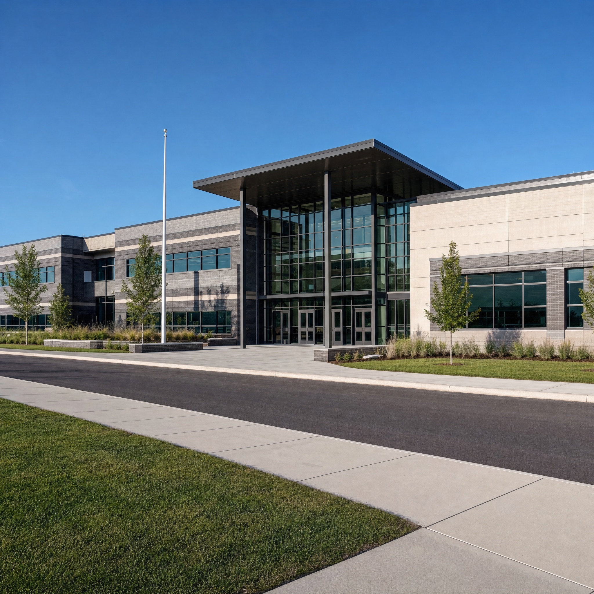 Modern school building exterior, an education sector construction project completed by ESK Construction Inc. in Southern California