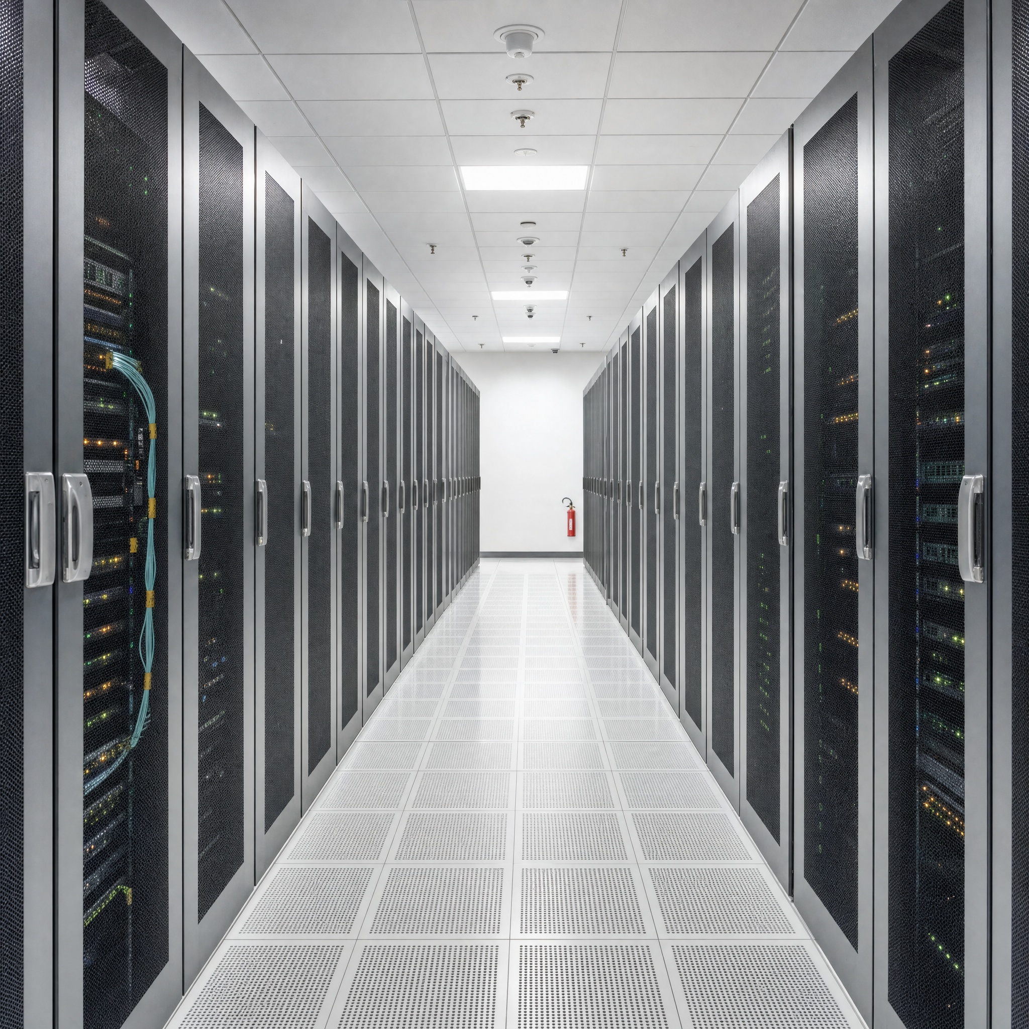 Data center server room with rows of equipment racks, a mission-critical facility built by ESK Construction Inc.