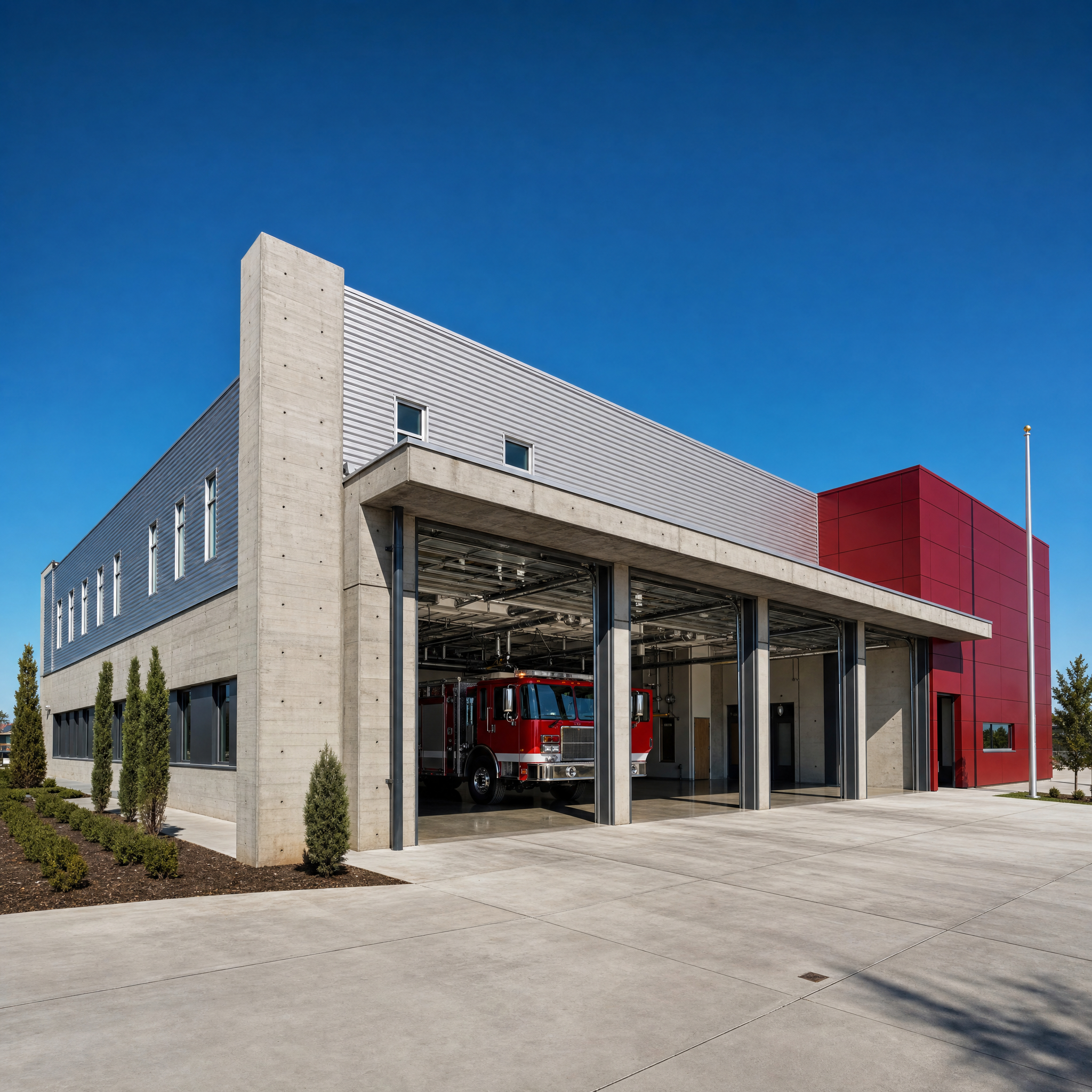 Fire station building with apparatus bay, a government construction project completed by ESK Construction Inc. in Southern California
