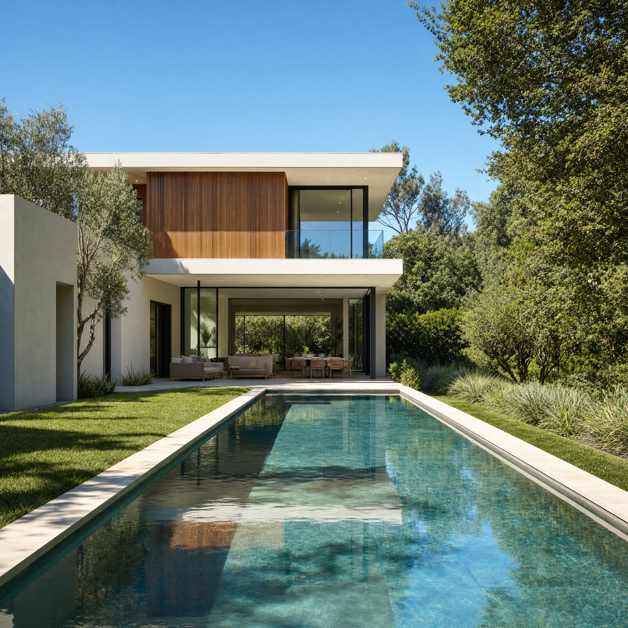 Custom-built modern home with wood accent siding and pool, a residential construction project by ESK Construction Inc. in Los Angeles County