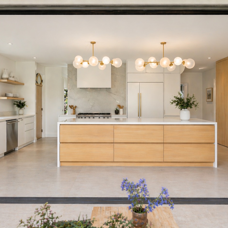 Remodeled kitchen with large island and pendant lighting, a custom kitchen renovation project by ESK Construction Inc.