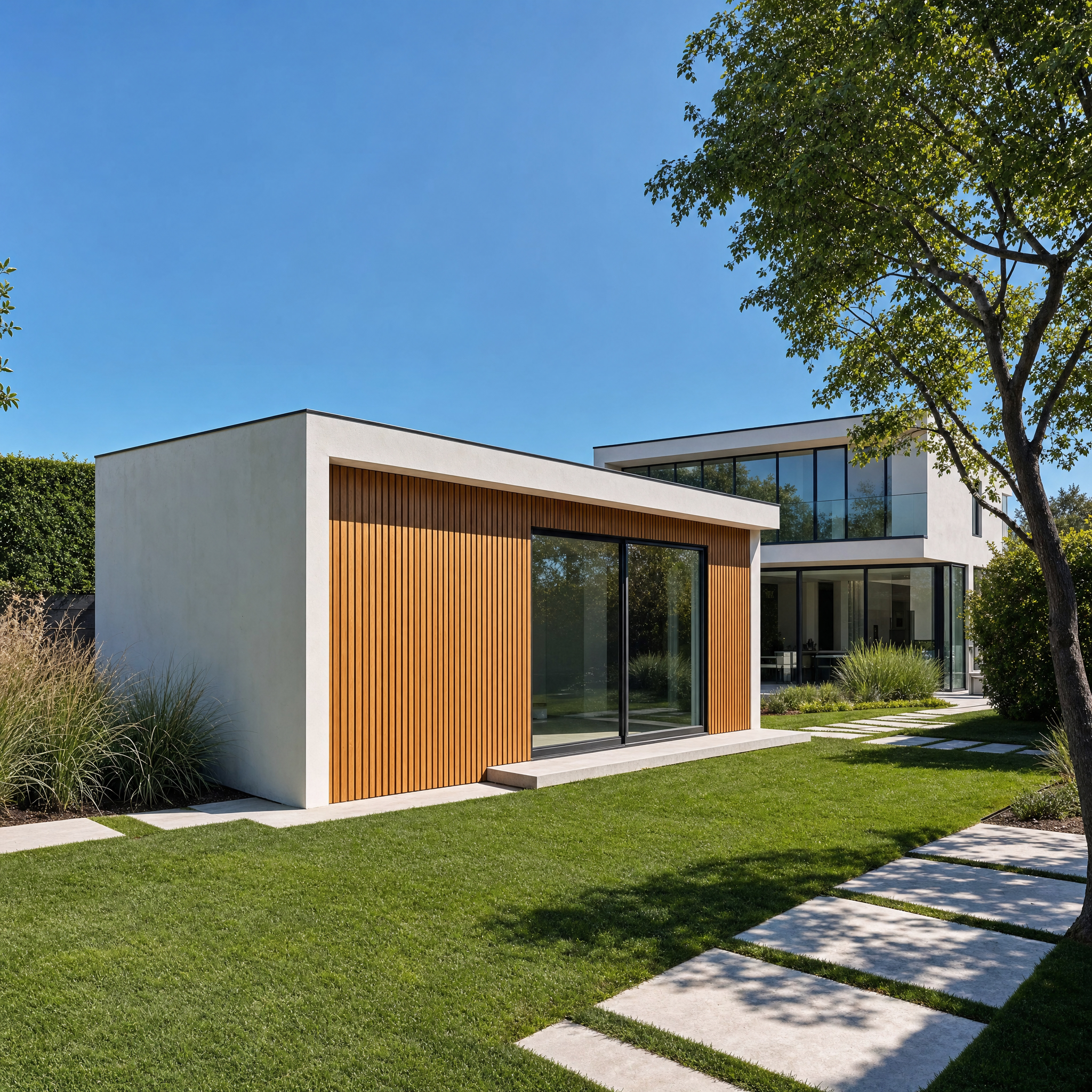Modern accessory dwelling unit (ADU) with wood siding built by ESK Construction Inc. in a Los Angeles County backyard