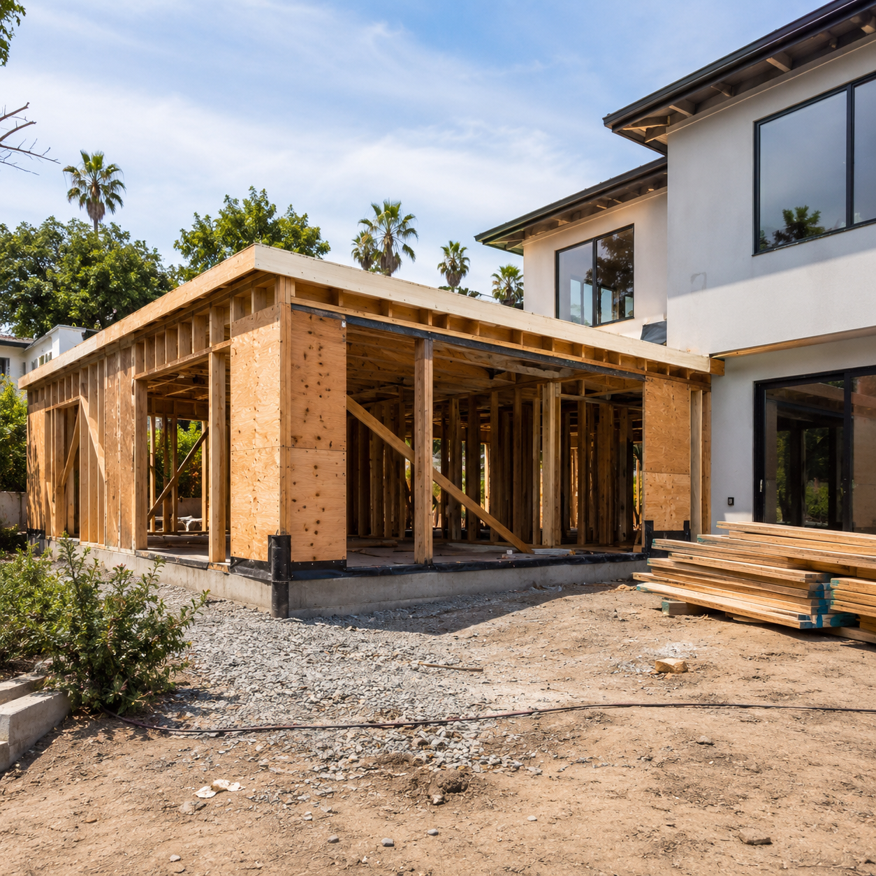 Wood-framed home addition under construction on a Los Angeles County residence, part of ESK Construction Inc.'s home expansion services