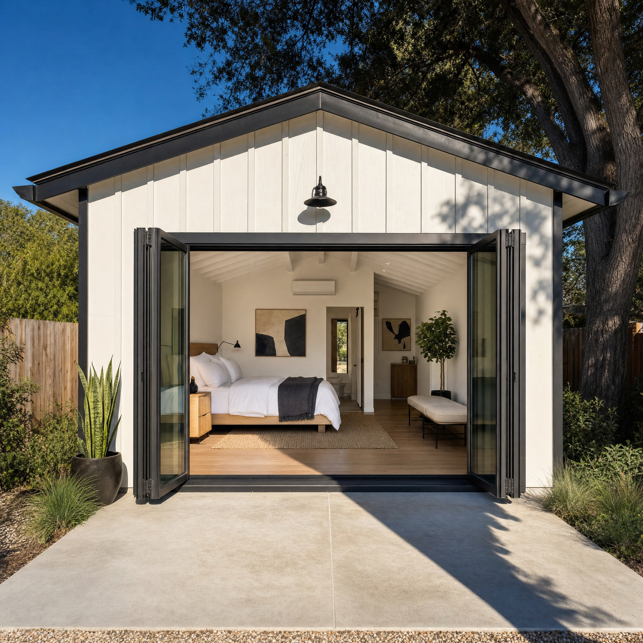 Garage converted into a living space with folding glass doors, completed by ESK Construction Inc. for a Southern California homeowner