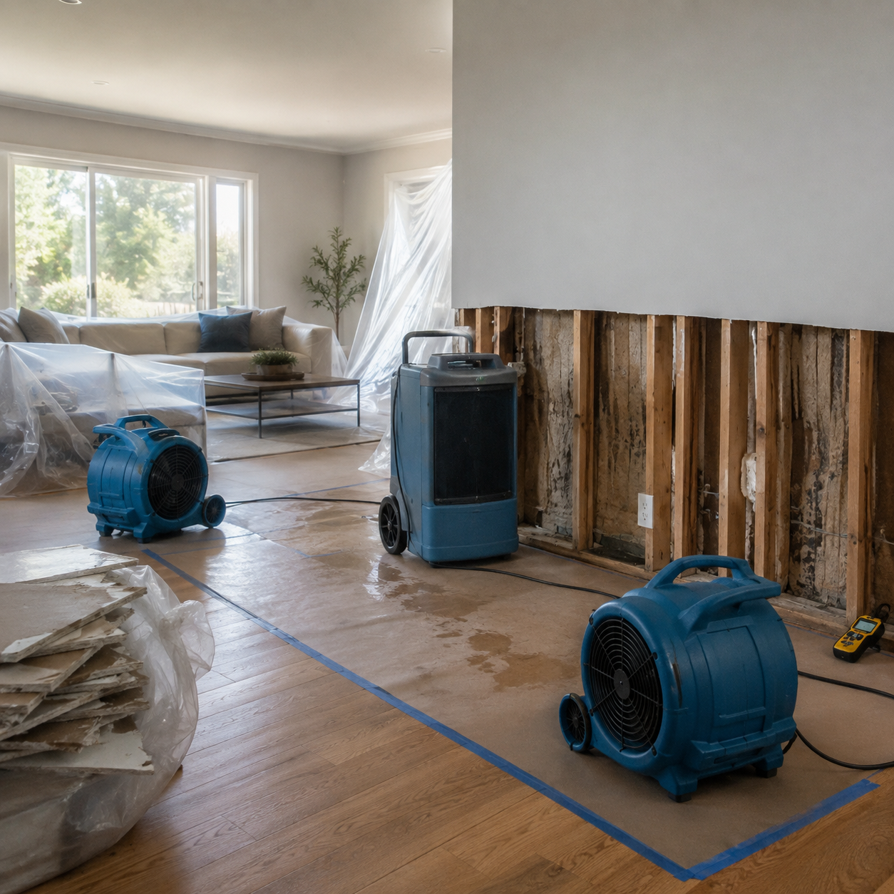 Water damage restoration in progress in a Los Angeles County home, with industrial drying equipment and exposed framing during repair by ESK Construction Inc.