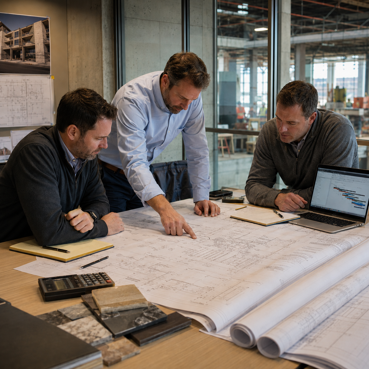 ESK Construction Inc. preconstruction team reviewing project plans and schedules before breaking ground