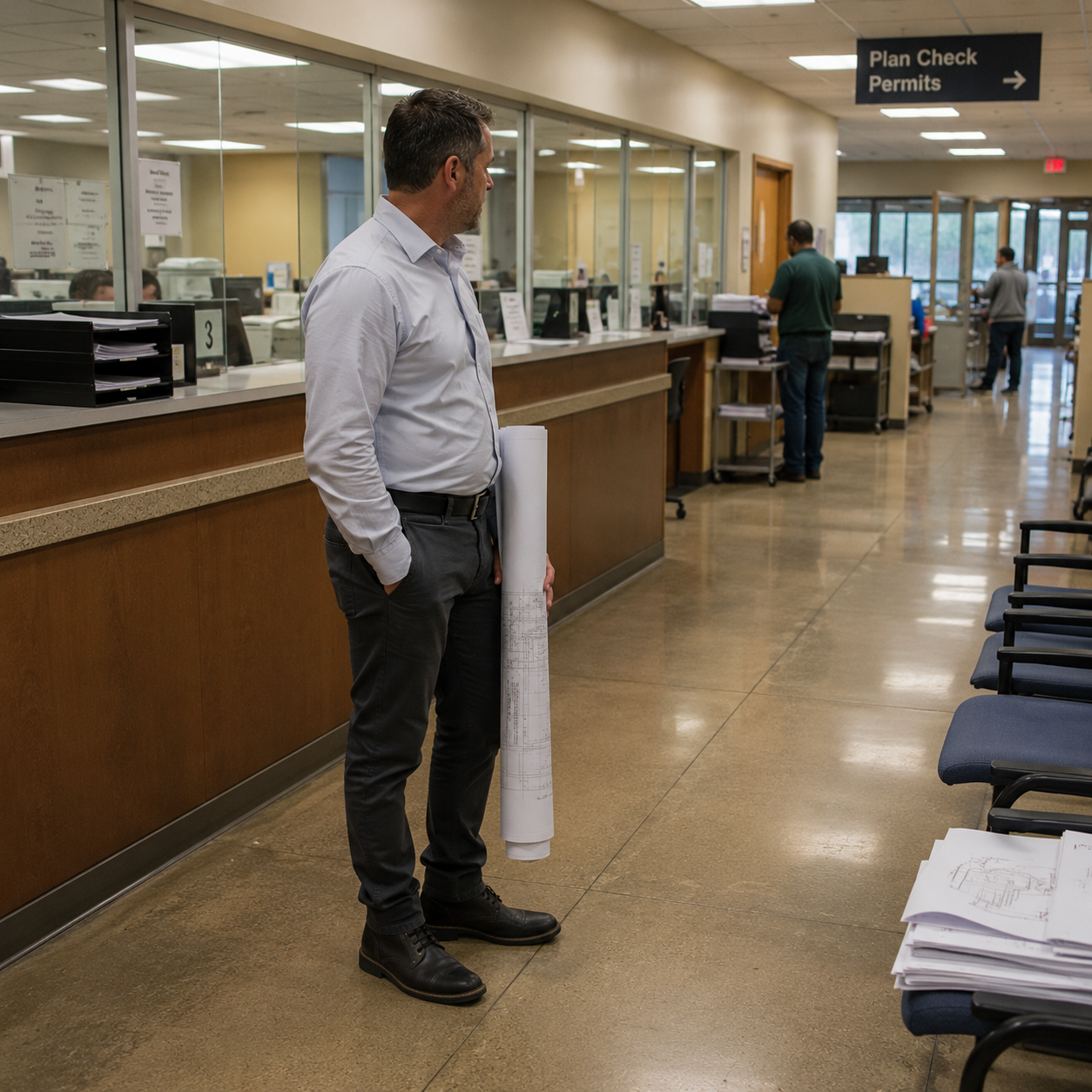 ESK Construction Inc. representative handling plan check and permitting at a Southern California building department