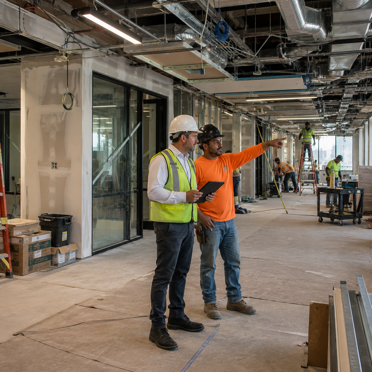 ESK Construction Inc. construction managers overseeing an active commercial tenant improvement job site in Los Angeles County