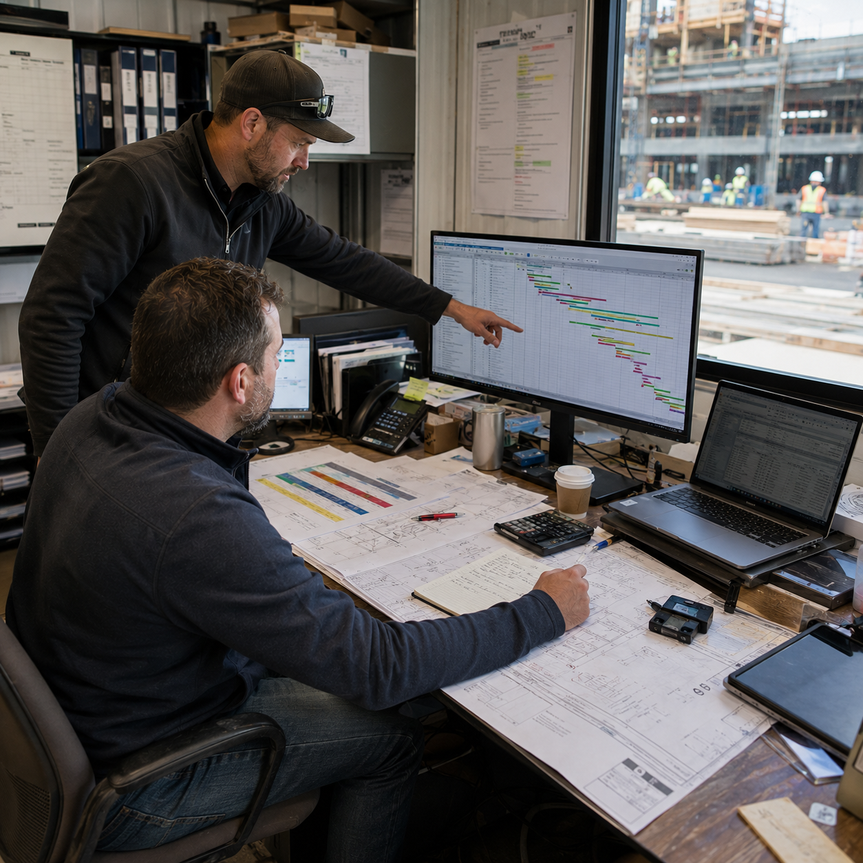 ESK Construction Inc. project manager reviewing a construction schedule with an active job site visible in the background