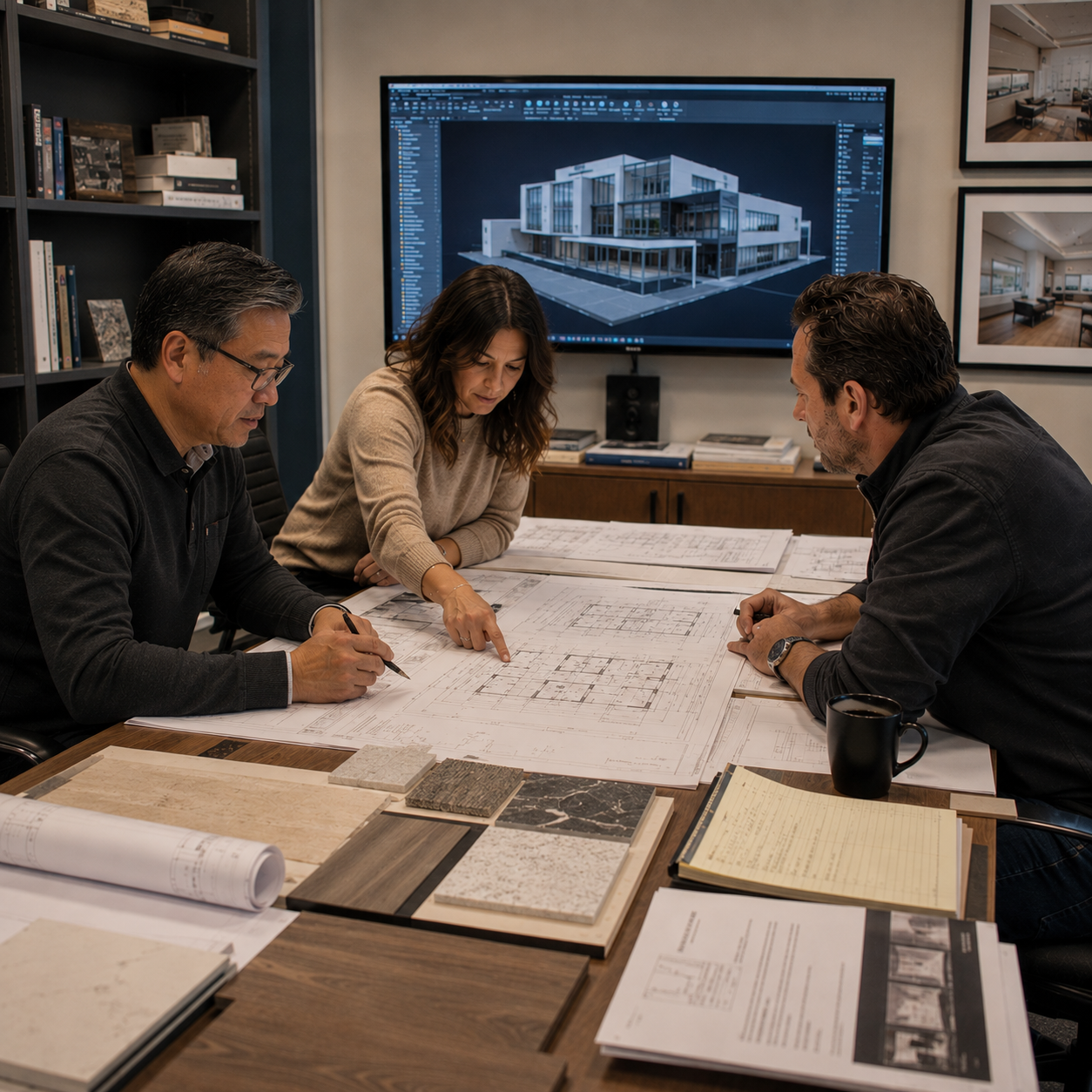 ESK Construction Inc. design team reviewing building renderings and material samples during the design and planning process