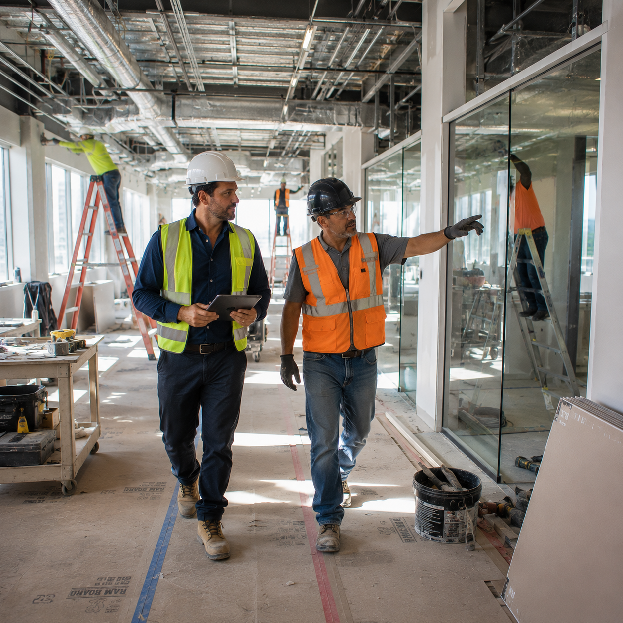 ESK Construction Inc. crew members walking through an active commercial tenant improvement construction site in Los Angeles County
