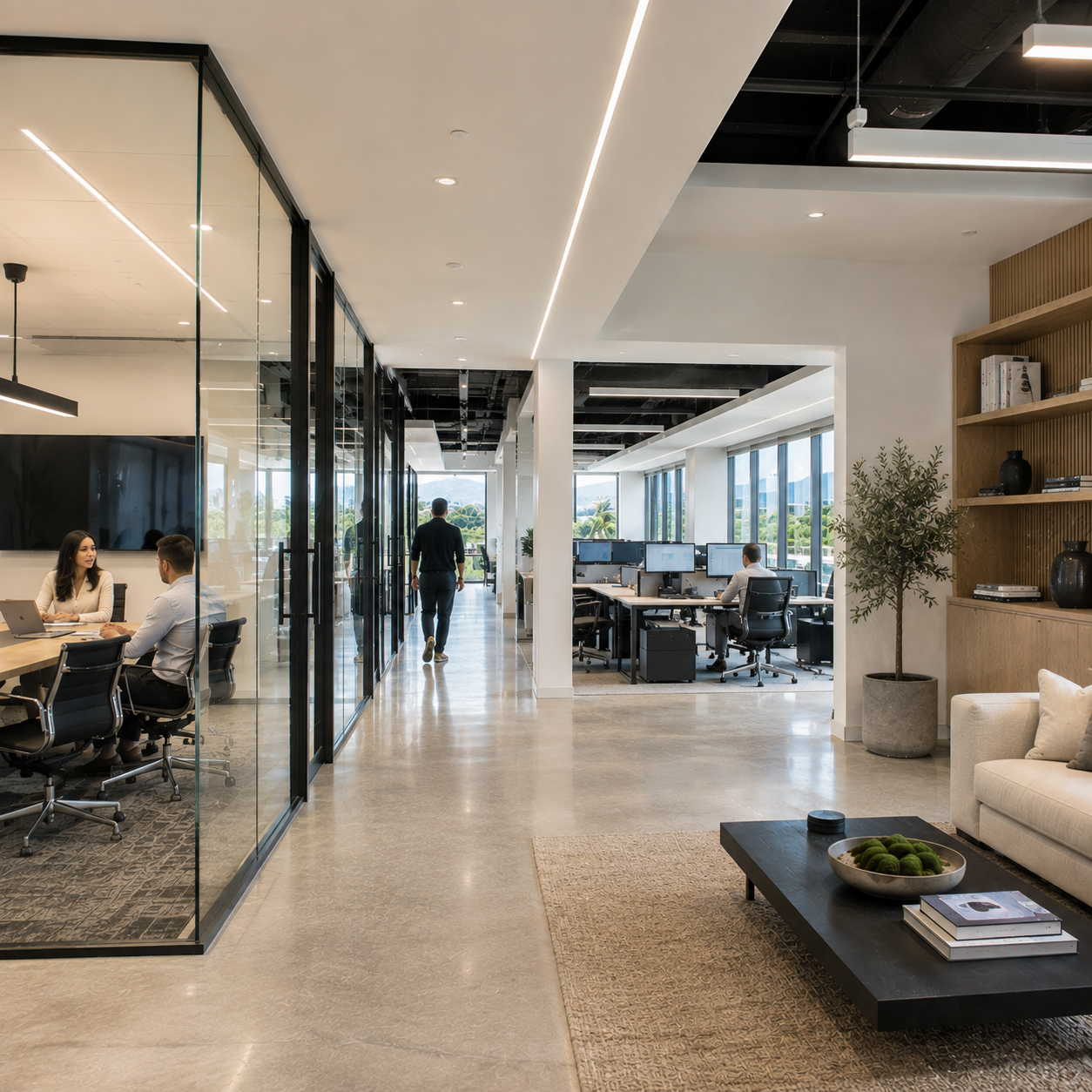 Finished modern office interior with open lounge area, a commercial build-out completed by ESK Construction Inc.