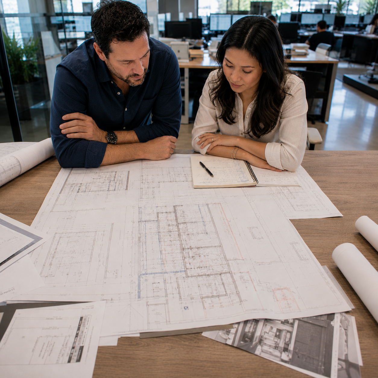 ESK Construction Inc. team reviewing architectural blueprints during the design and planning phase of a construction project