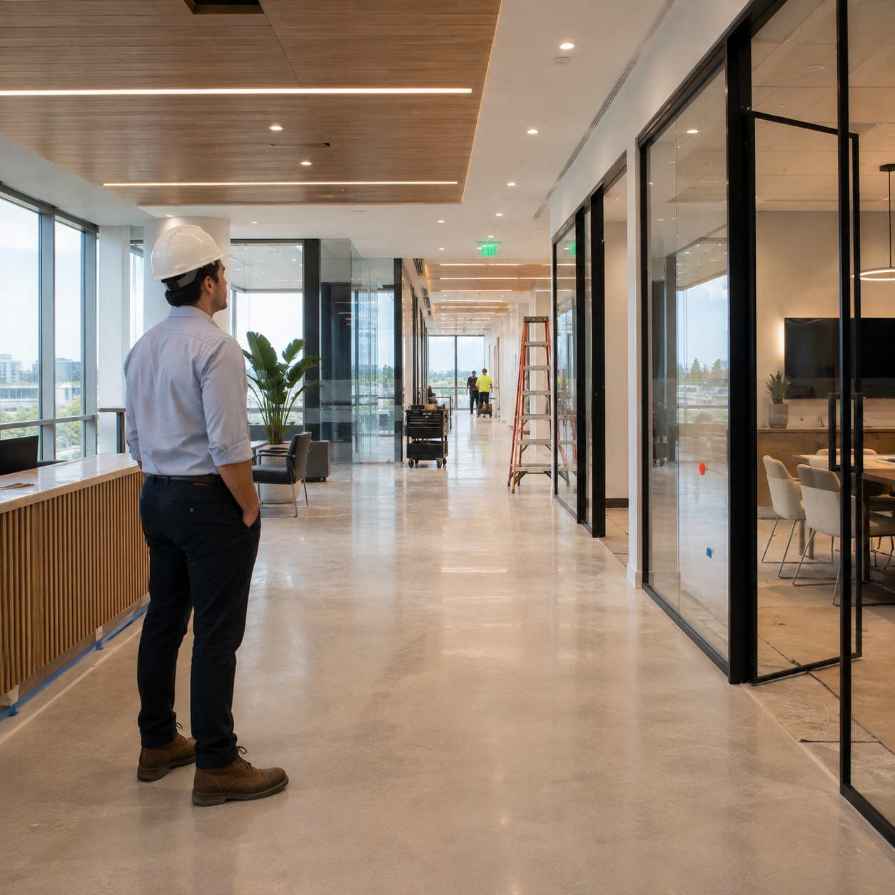 ESK Construction Inc. team member reviewing a completed commercial office build-out in Los Angeles County