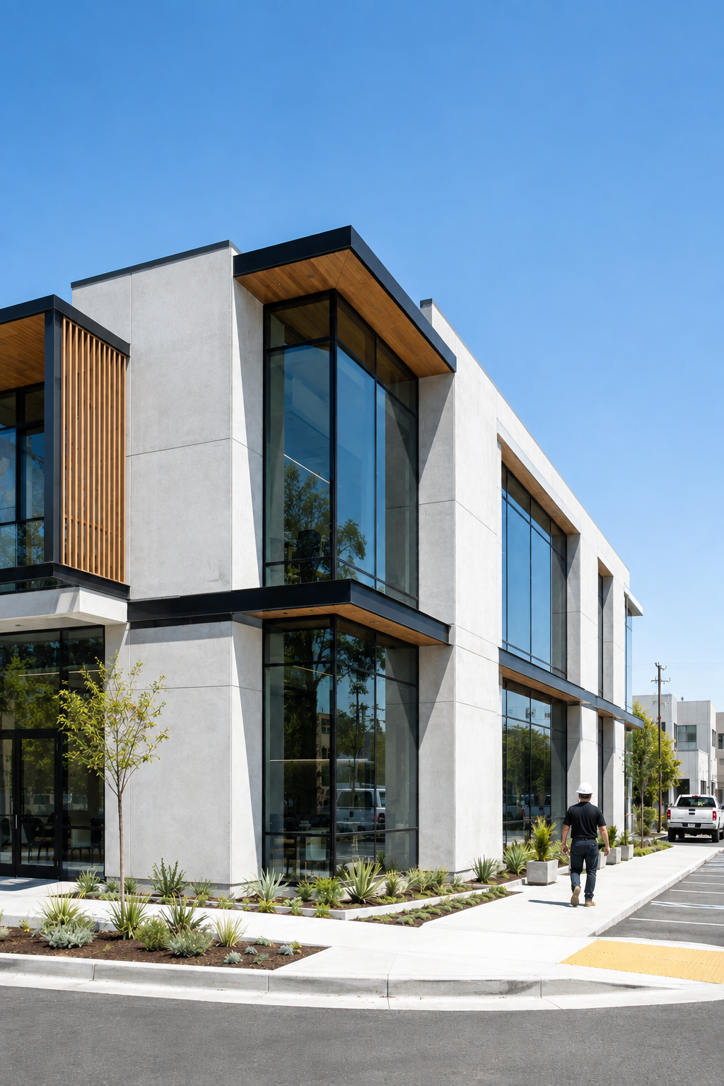 Completed modern commercial building with glass storefronts, showcasing ESK Construction Inc.'s construction experience in Southern California