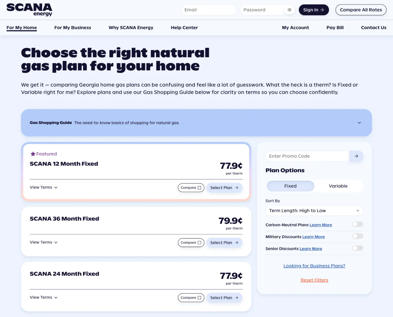 Screenshot of the SCANA Energy natural gas rates page