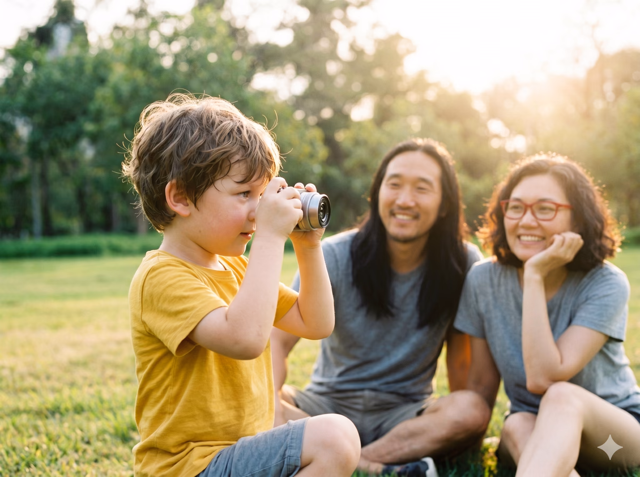 A boy takes a photo of his parents in the park