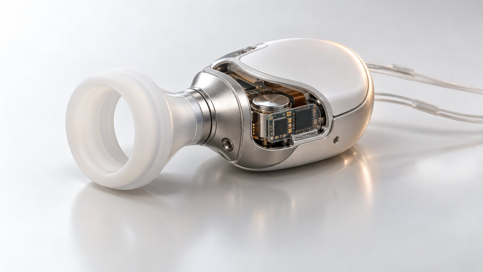 Dispositif médical implantable blanc et titane, anneau en silicone et électronique visible en écorché