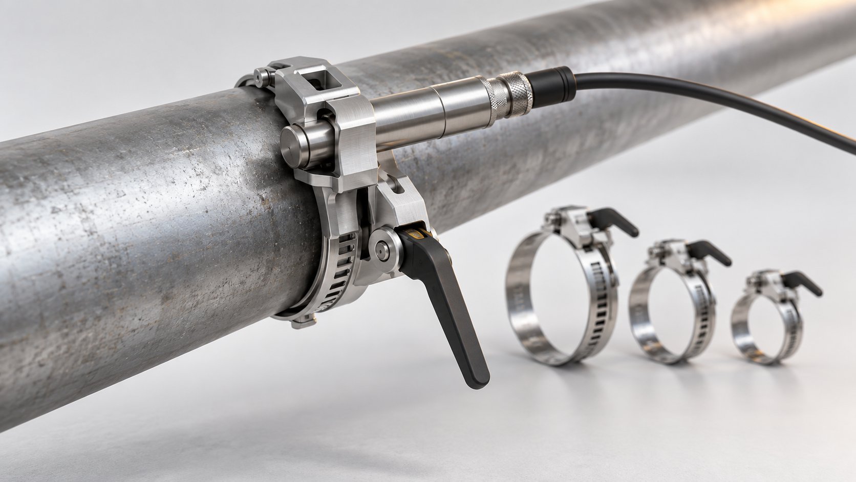 Collier de serrage inox maintenant une sonde cylindrique contre une tuyauterie industrielle