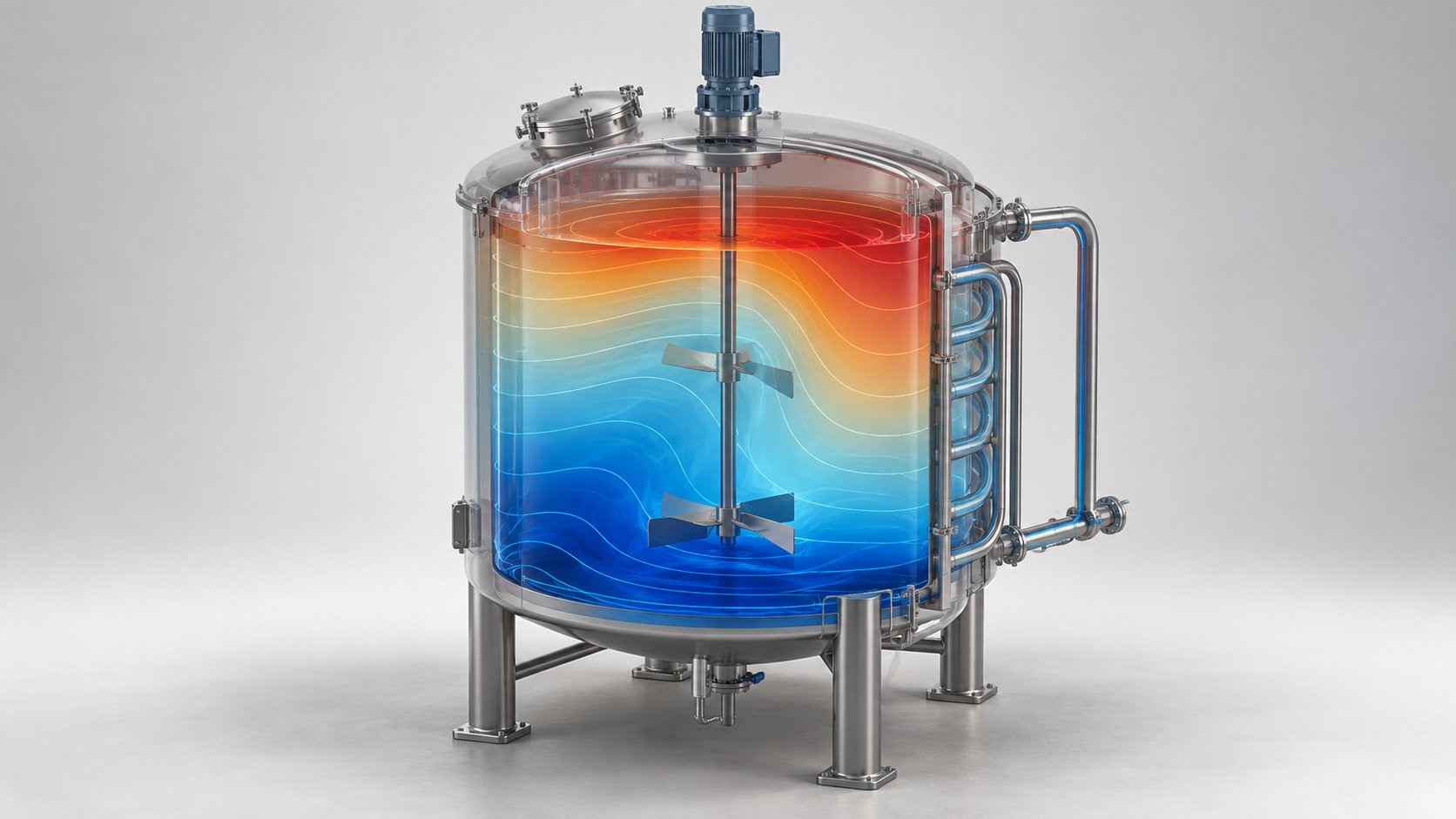 Cuve industrielle en semi-transparence montrant un champ thermique du bleu au rouge