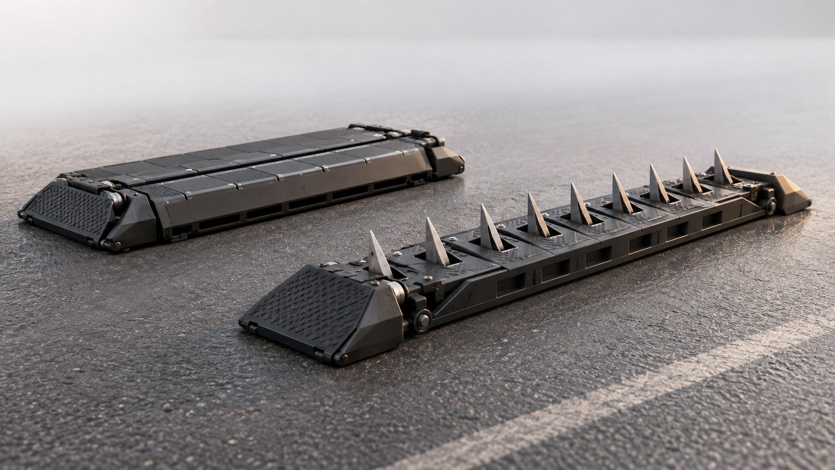 Dispositif routier d'immobilisation, version repliée et version déployée à pointes, posées sur l'asphalte