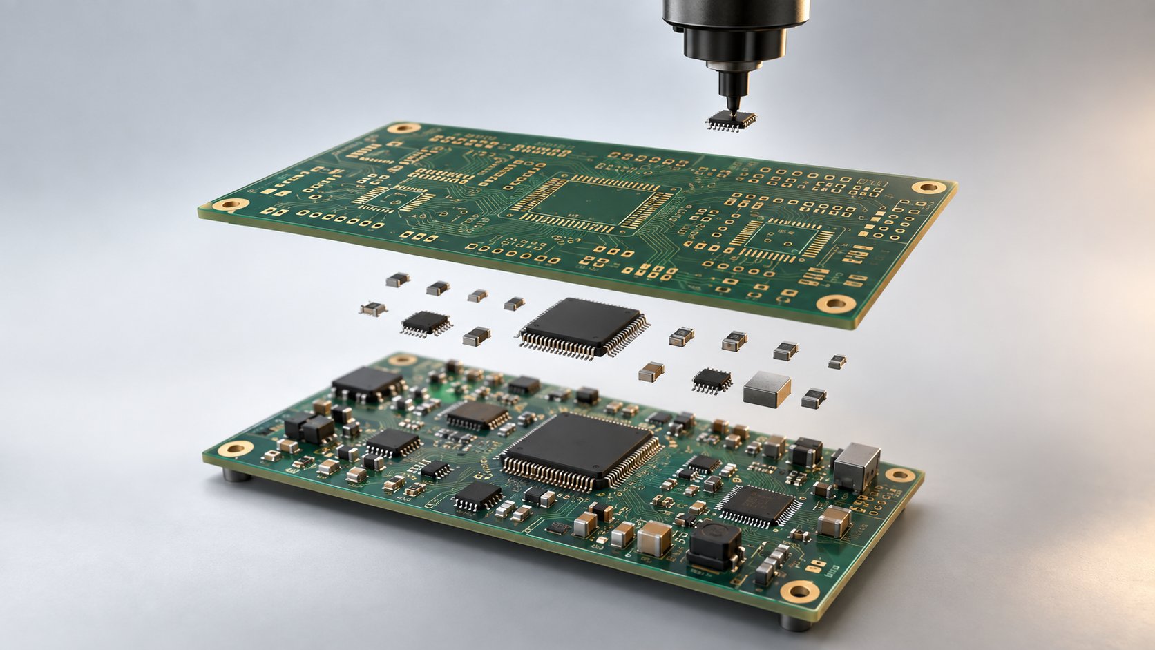 Carte électronique nue présentée au-dessus de sa version peuplée, composants alignés et buse de pose