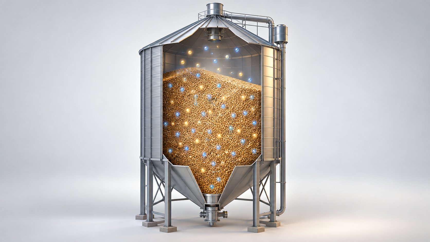 Silo de stockage de grain en coupe, molécules de gaz figurées par des sphères lumineuses