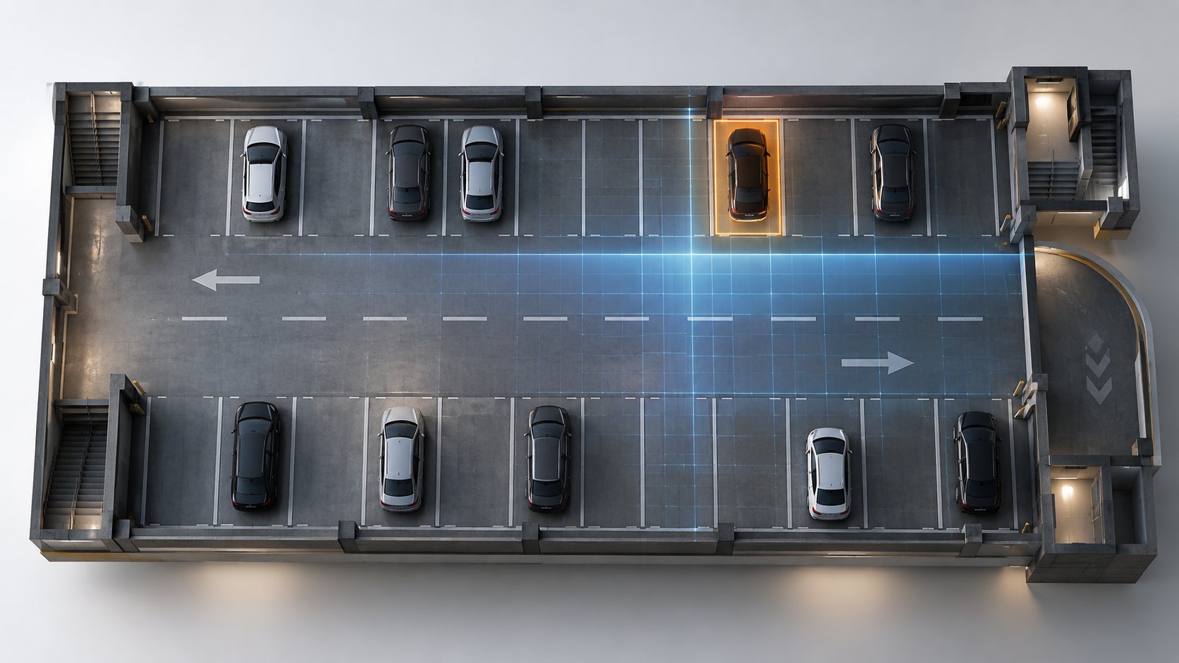Niveau de parking vu de dessus, places matérialisées et trame de balayage lumineuse