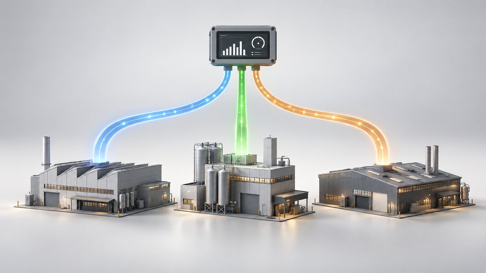 Trois bâtiments industriels reliés par des flux d'énergie colorés à un même boîtier de mesure