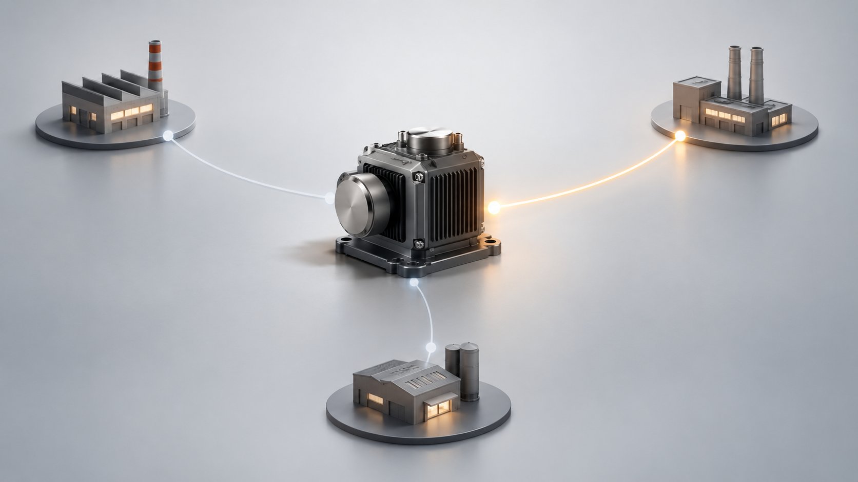 Prototype au centre relié par des lignes lumineuses à trois sites industriels