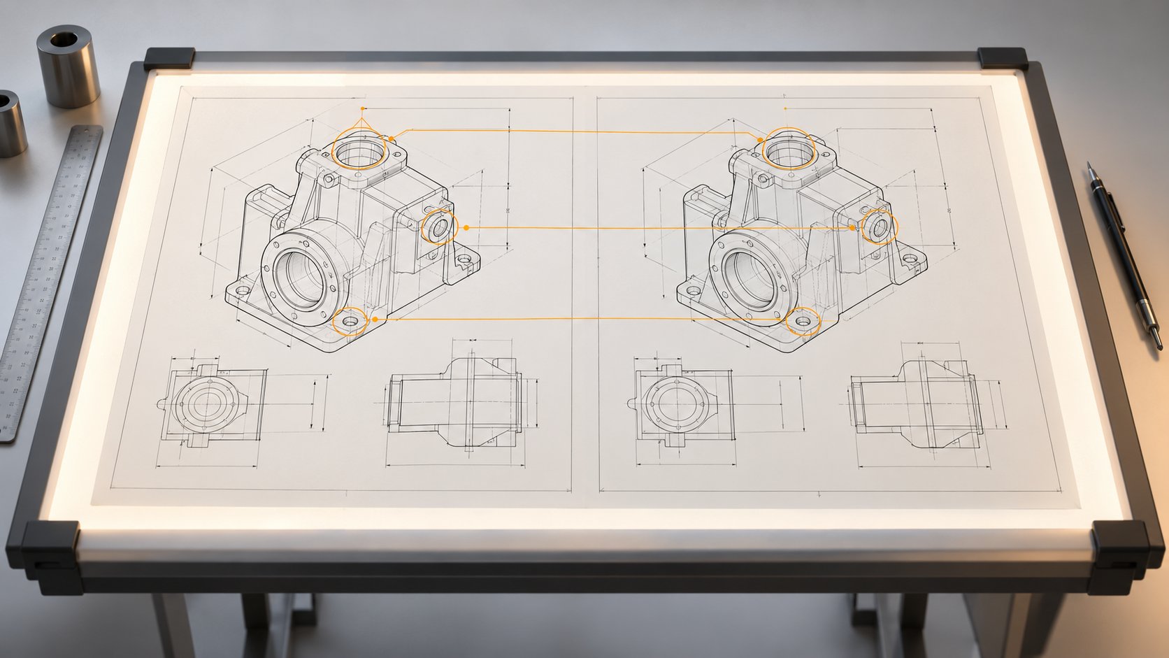 Deux plans techniques identiques côte à côte sur une table lumineuse, annotations reliant les détails