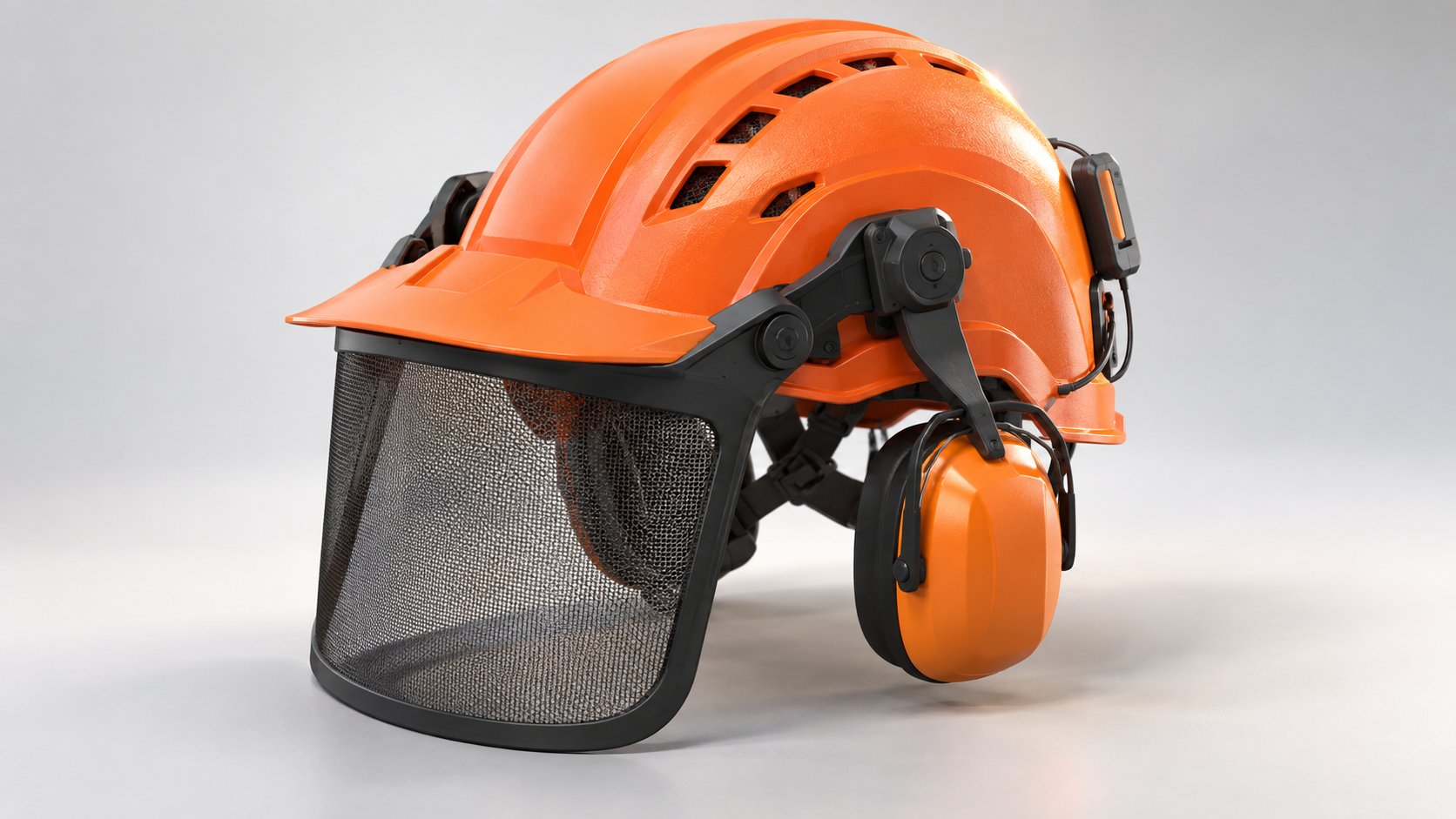 Casque forestier orange à visière grillagée et coquilles antibruit, équipé d'un module capteur à l'arrière