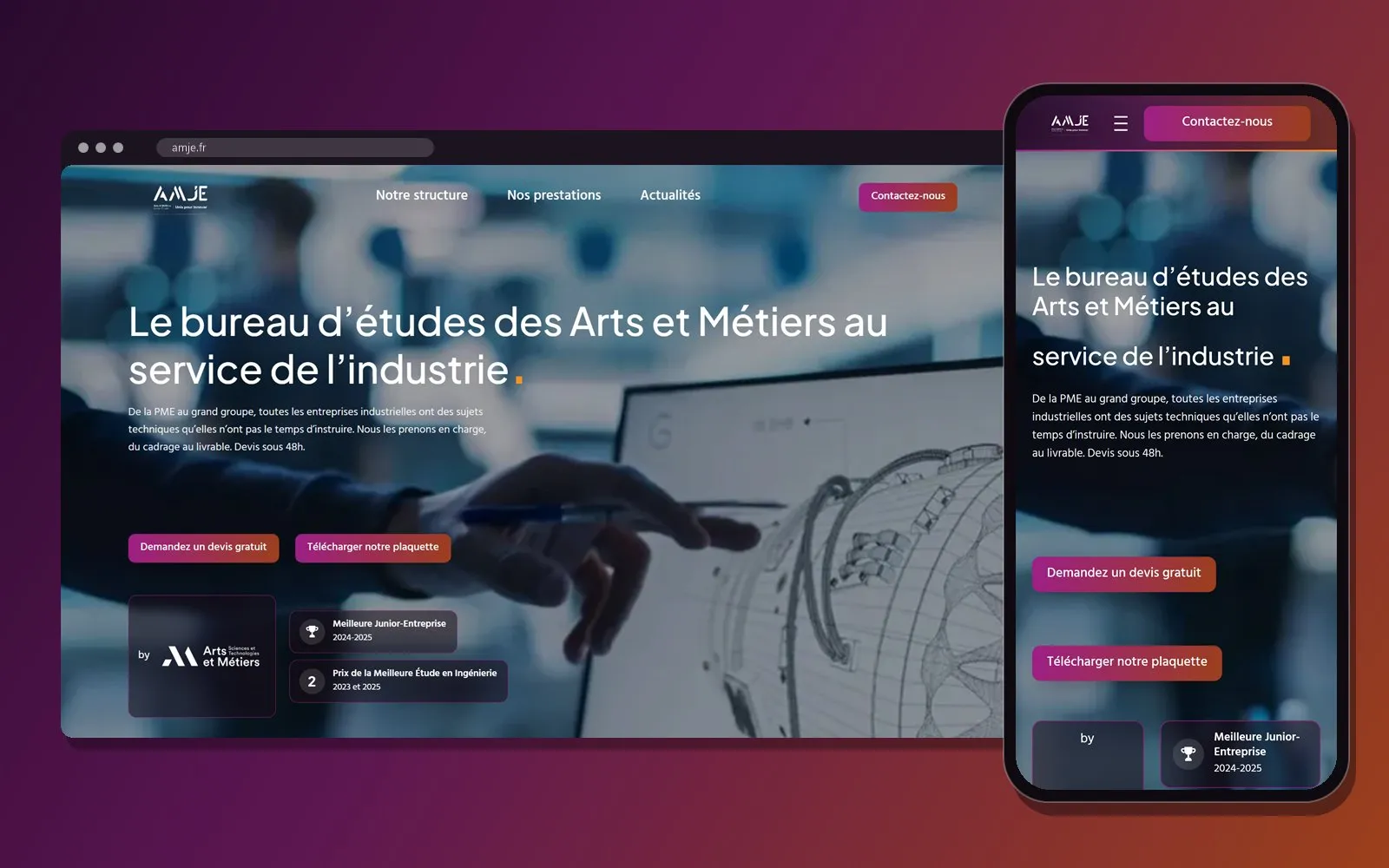 Le nouveau site amje.fr affiché sur un écran d'ordinateur et sur un téléphone