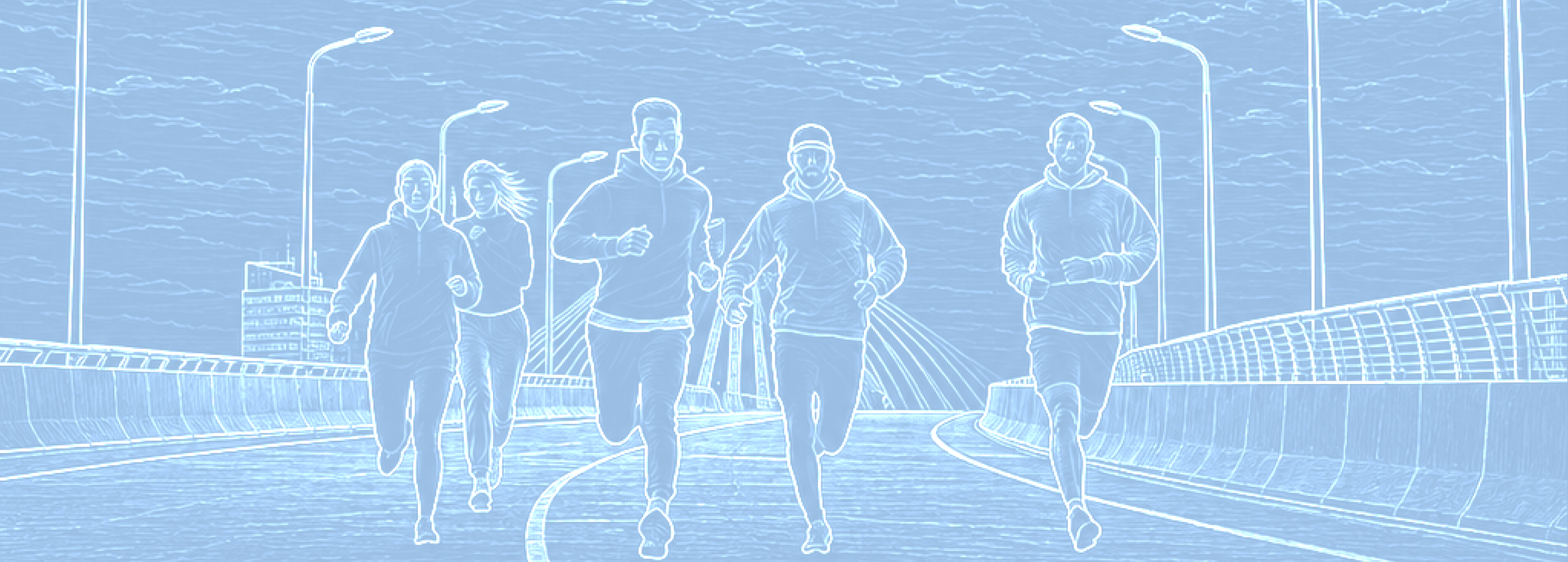 Runners crossing a bridge at dawn