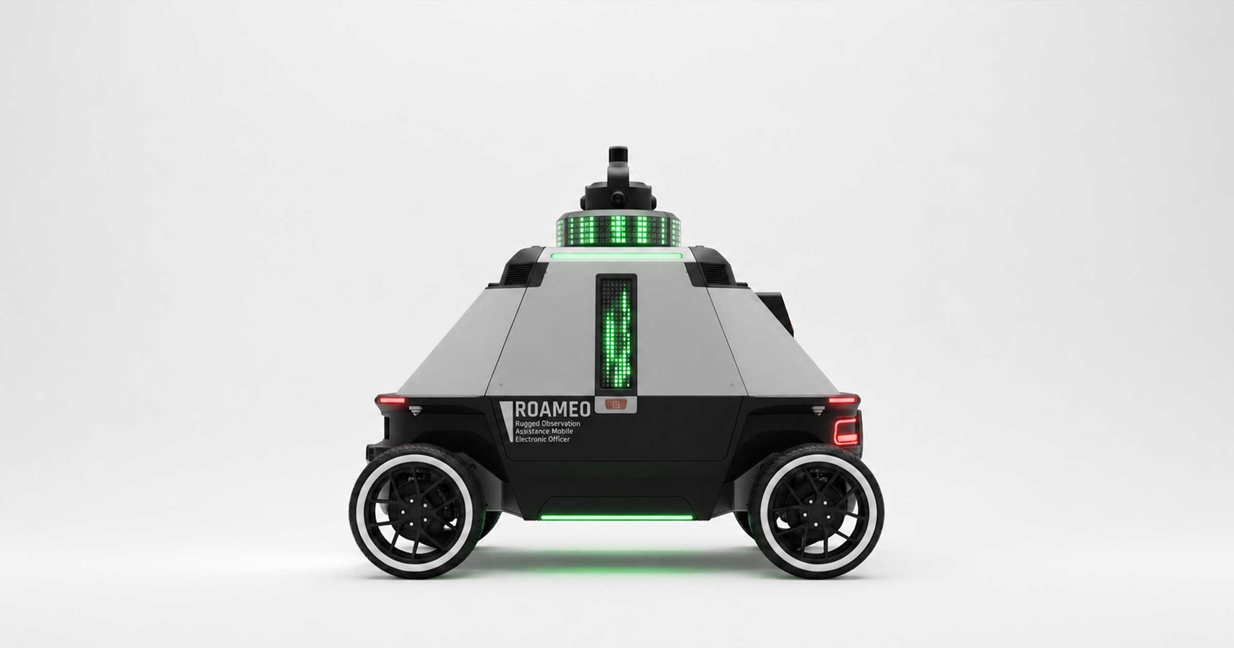 Side view of ROAMEO autonomous security robot with green lights and four wheels on white background.