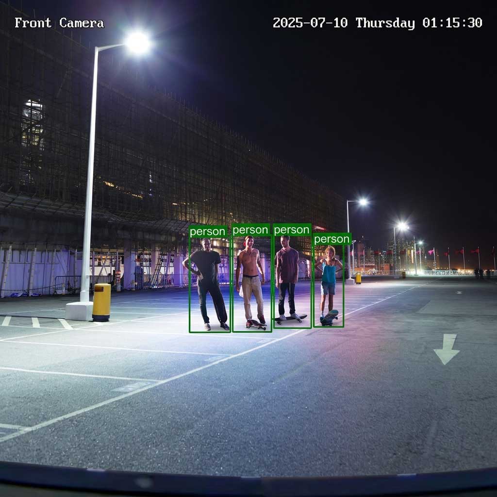 Four people with skateboards standing in a dimly lit urban parking lot at night.