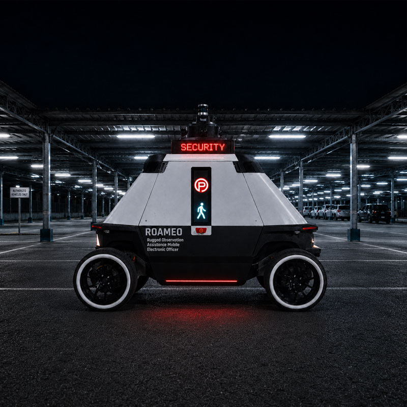 ROAMEO autonomous security robot with green lights parked near a building entrance at dusk.