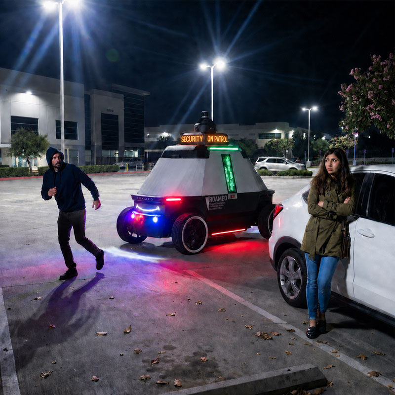 Security patrol robot with lights near a woman by a car and a man running in a parking lot at night.