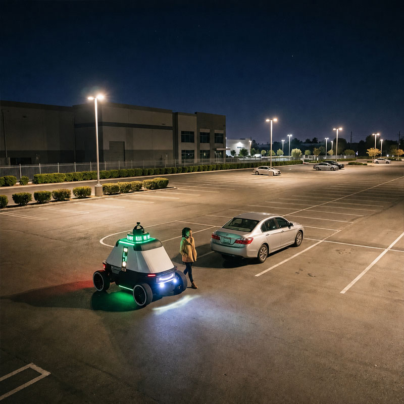 Autonomous security robot escorts a woman walking in a dimly lit parking lot at night.