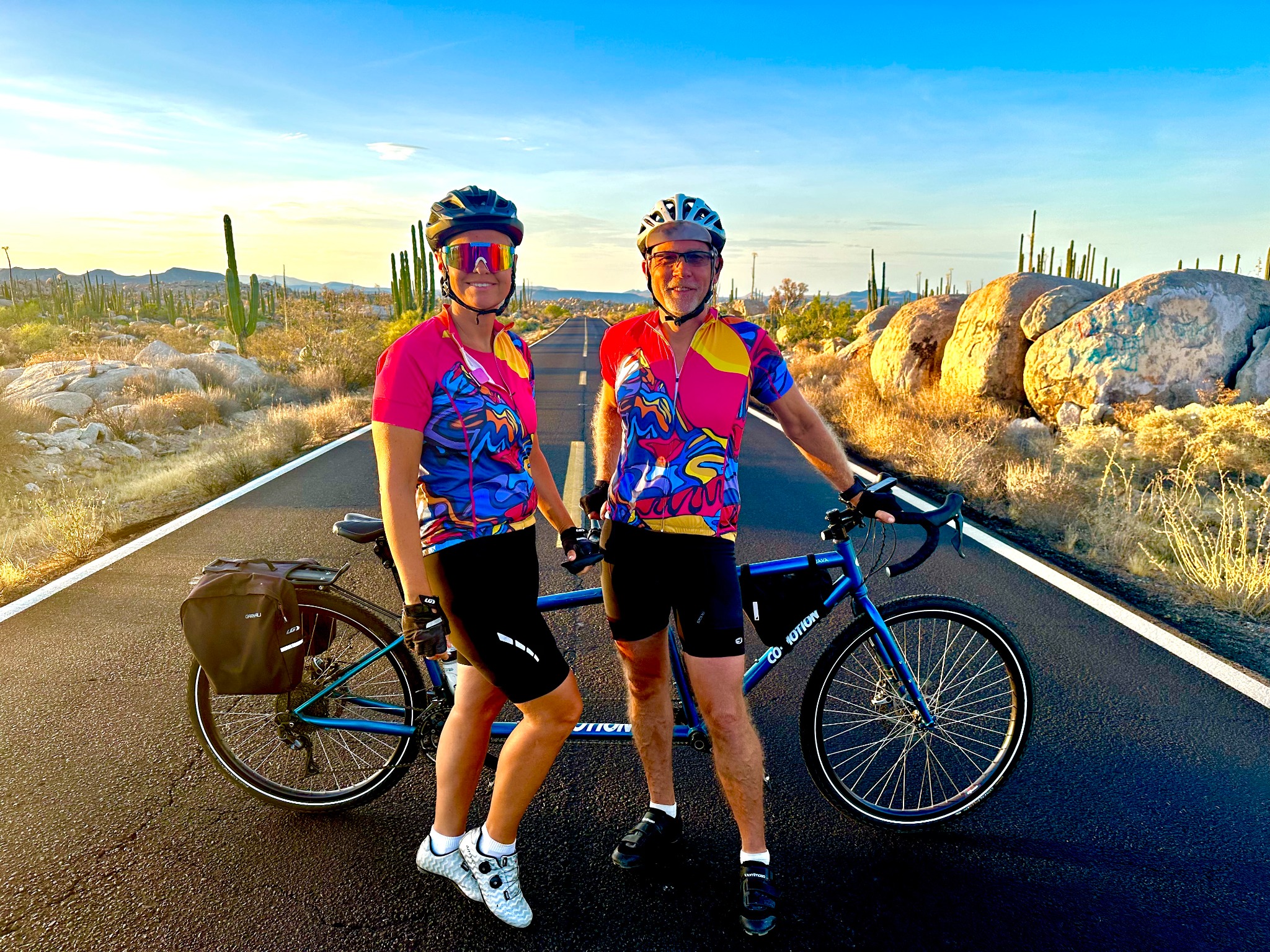 JB Owen and Peter Giesin with their tandem bicycle