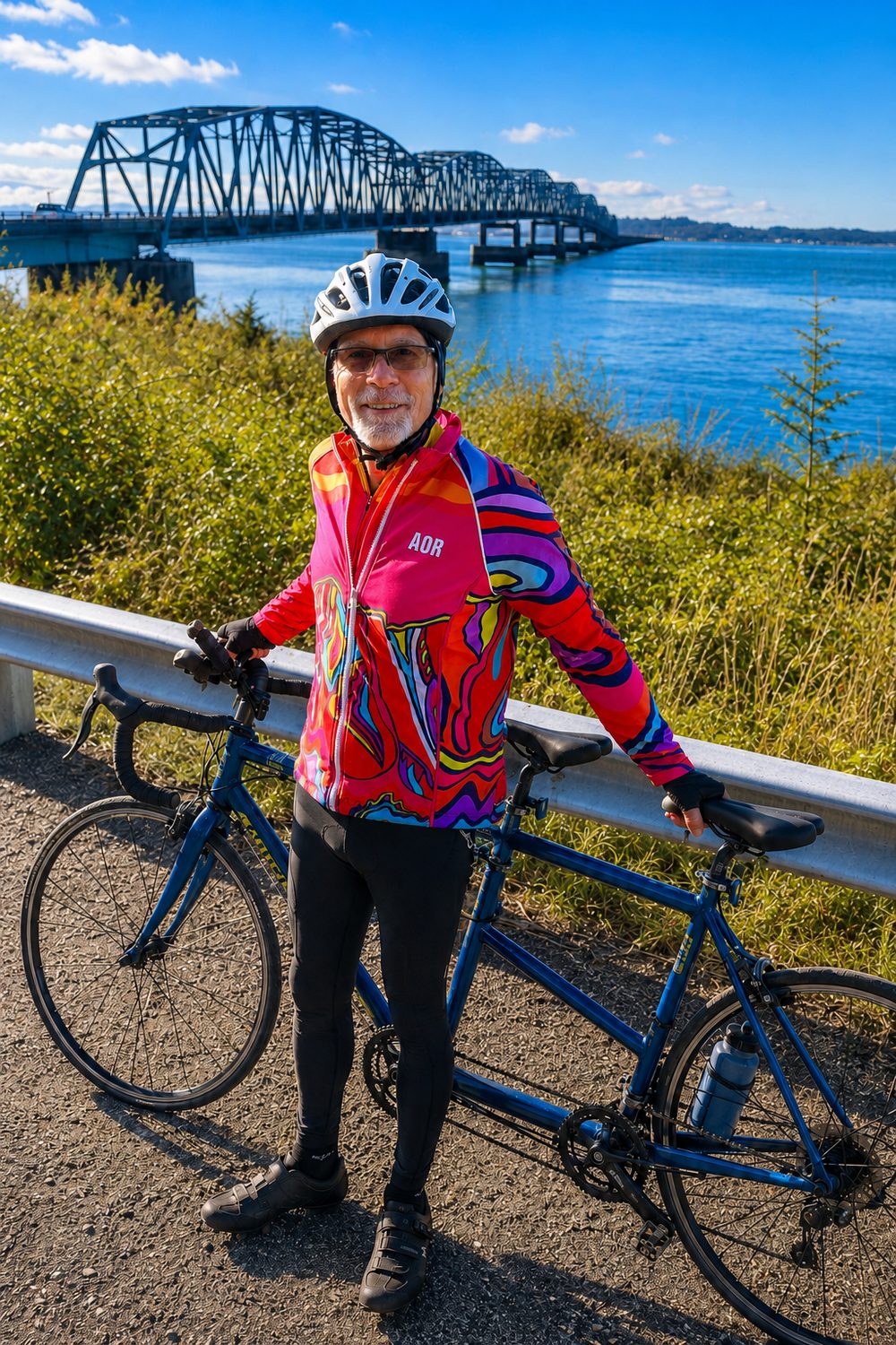 Peter Giesin standing beside the blue tandem bicycle near a steel bridge