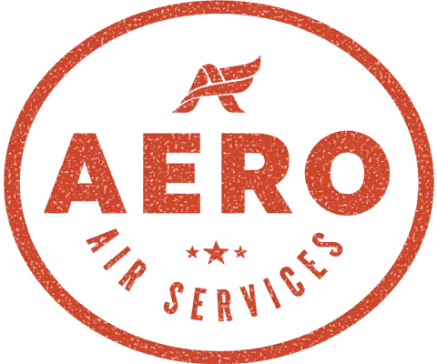 Red textured oval badge with stylized wing above the bold text 'AERO' and 'AIR SERVICES' curved inside the bottom, with three stars in the center.
