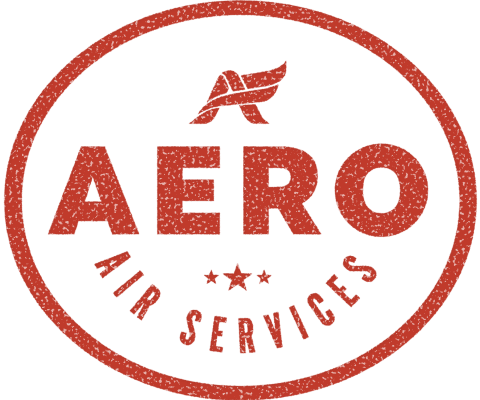 Red textured oval badge with stylized wing above the bold text 'AERO' and 'AIR SERVICES' curved inside the bottom, with three stars in the center.