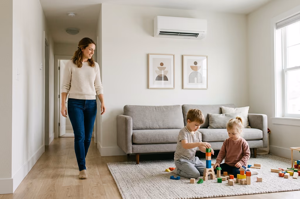 Woman smiling and walking towards two children sitting on a rug in a living room, playing with colorful wooden blocks near a gray sofa under two framed abstract art pieces.