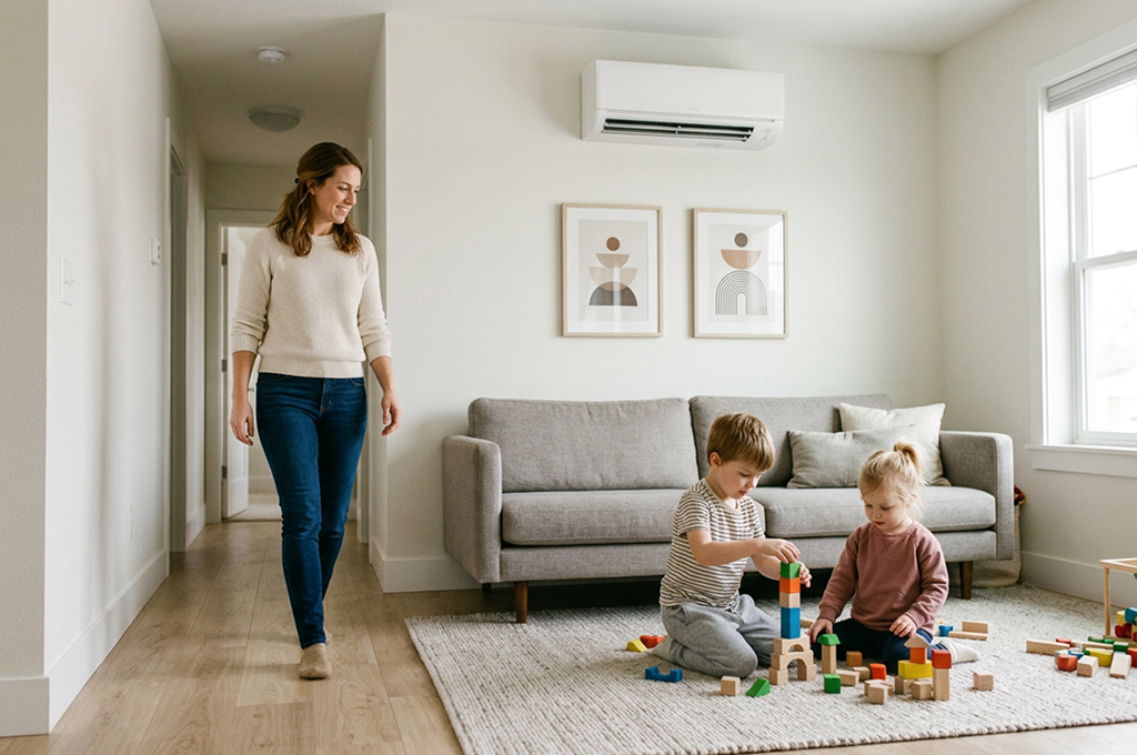 Woman smiling and walking towards two children sitting on a rug in a living room, playing with colorful wooden blocks near a gray sofa under two framed abstract art pieces.