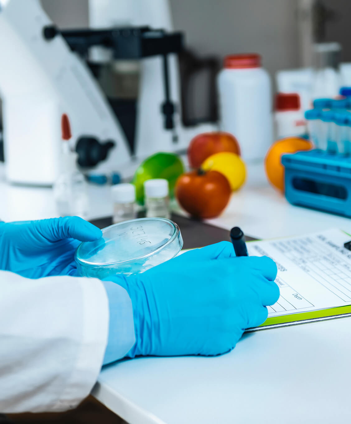 Scientist wearing blue gloves holding a petri dish and writing notes in a lab with fruits and lab equipment.